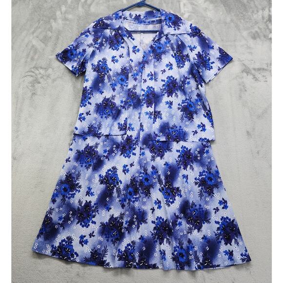 Vintage 70s Dress Jacket Set Size M Blue Floral Lightweight Stretch Short Sleeve - Picture 1 of 11